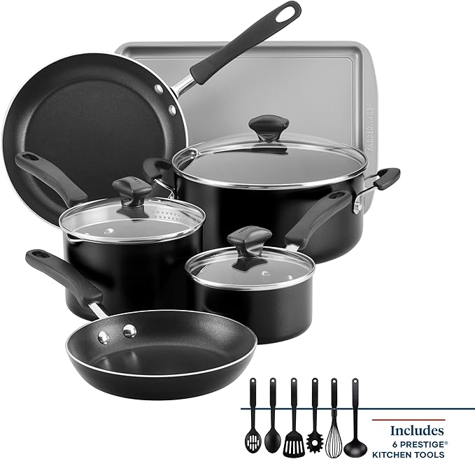 Farberware Cookstart DiamondMax Nonstick Cookware/Pots and Pans Set with Glass Lids, Dishwasher Safe, Includes Baking Pan and Kitchen Cooking Tools, 15 Piece - Black