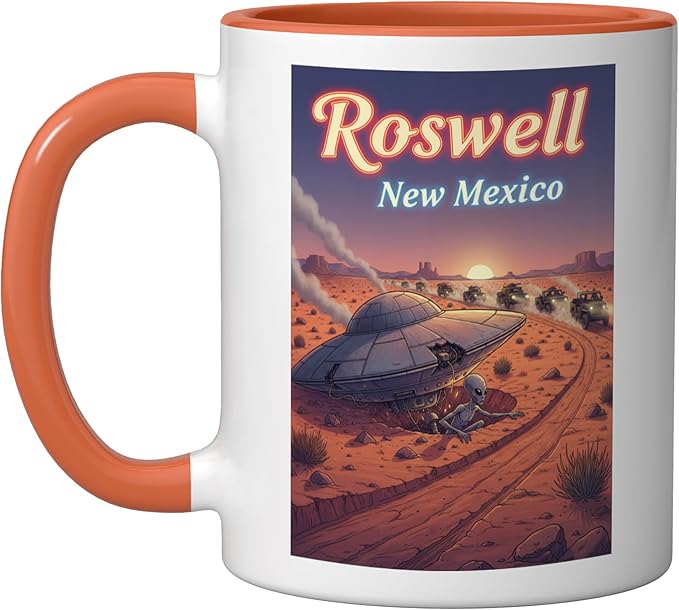 Roswell New Mexico UFO Crash in the Desert Alien Souvenir Ceramic Mug, Orange/White