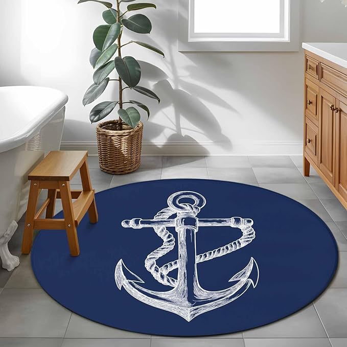 Washable Round Area Rug Marine Theme Anchor String Sketch Circle Rugs Floor Carpet for Living Room Bedroom, Watercolor Nautical Theme Soft Non Slip Round Rug 3ft