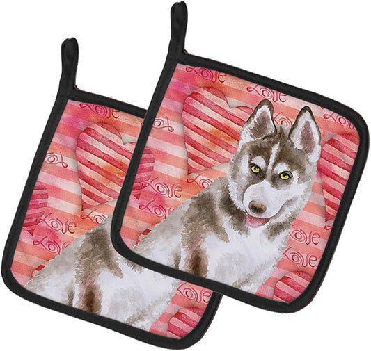 Caroline's Treasures BB9783PTHD Siberian Husky Grey Love Pair of Pot Holders, Red Kitchen Heat Resistant Pot Holders Sets Oven Hot Pads for Cooking Baking BBQ, 7 1/2 x 7 1/2
