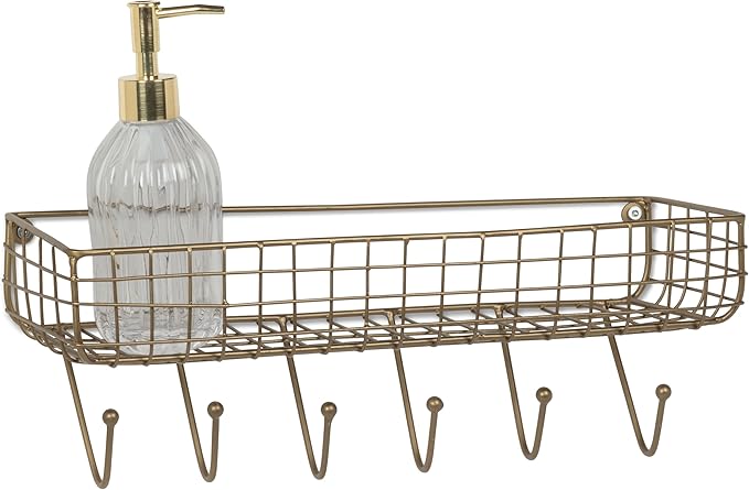 Abbott Collection Wall Basket Shelf with 6 Hooks - Metal, Dark Antique Brass (16"W)
