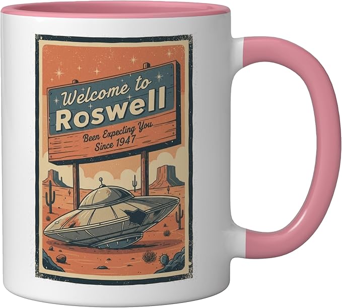 Roswell UFO Retro Tourism Souvenir Flying Saucer Crash Alien Ceramic Mug, Pink/White