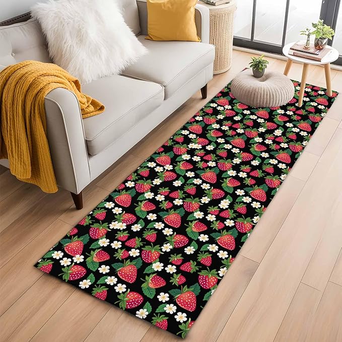Runner Rug for Bedroom Hallway, Red Strawberry Litter Flower Leaves on Black Kitchen Runner Rugs Area Rug 2x6ft, Summer Fruit Washable Soft Floor Carpet for Entryway Stair