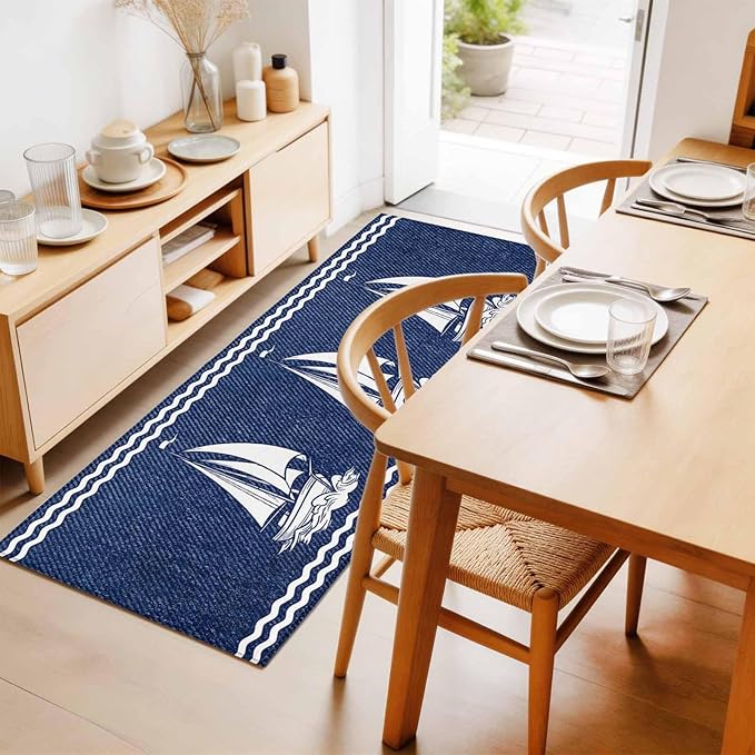 Runner Rug for Bedroom Hallway, Nautical Sailing Boat on Steel Blue Kitchen Runner Rugs Area Rug 2x6ft, Vintage Water Waves Washable Soft Floor Carpet for Entryway Stair