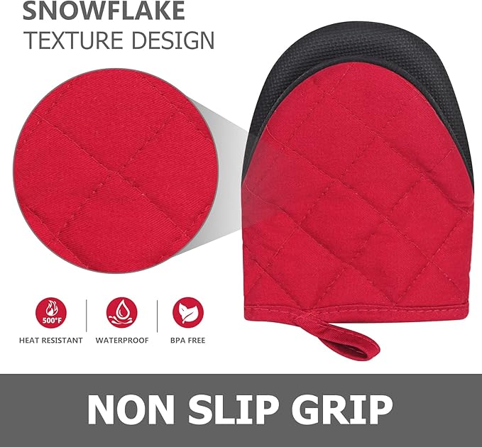1 Pair Short Oven Mitts - Silicone Kitchen Oven Gloves High Heat Resistant 500℉, Mini Oven Mits with Non-Slip Grip Surfaces and Hanging Loop for BBQ, Baking, Cooking and Grilling (Red)