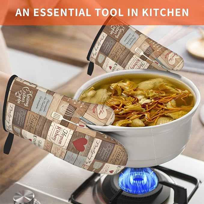 Farmhouse Splicing Wood Grain Oven Mitts of 2-Pack Set, Funny Kitchen Gloves Heat Resistant Non-Slip Kitchen Mitts for Cooking Baking Grillingf