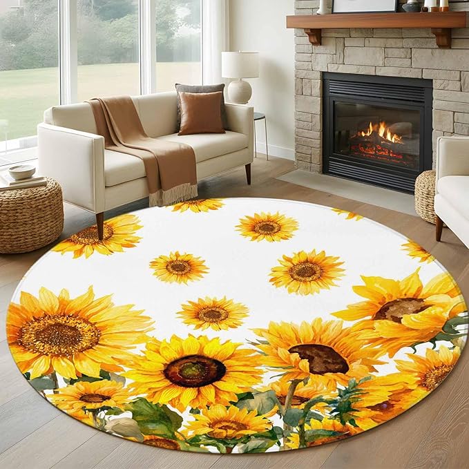 Washable Round Area Rug Summer Pastoral Sunflower Circle Rugs Floor Carpet for Living Room Bedroom, Farmhouse Yellow Flower Soft Non Slip Round Rug 5ft