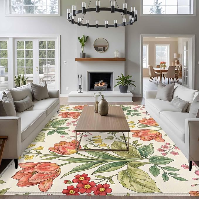 Area Rug 6x9ft, Vintage Tulips Red Daisies Washable Rugs for Living Room Bedroom, Yellow Blooms Floral Pattern Soft Non-Slip Area Rugs Rectangle Floor Carpet for Dining Room