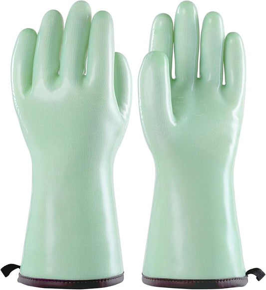PACIFIC PPE Heat Resistant Oven Gloves, Food Grade Safety Gloves with Thickened Waterproof Silicone Coating for Cooking, Grilling, Baking, Smoker, Green, XXL/11