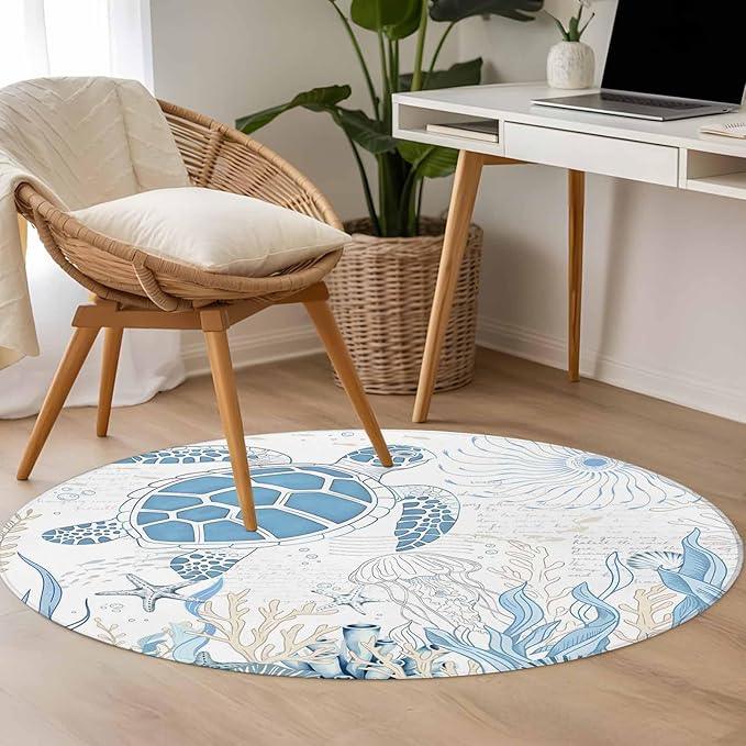 Washable Round Area Rug Blue Sea Turtles Stars Corals Circle Rugs Floor Carpet for Living Room Bedroom, Vintage Marine Life Soft Non Slip Round Rug 3ft