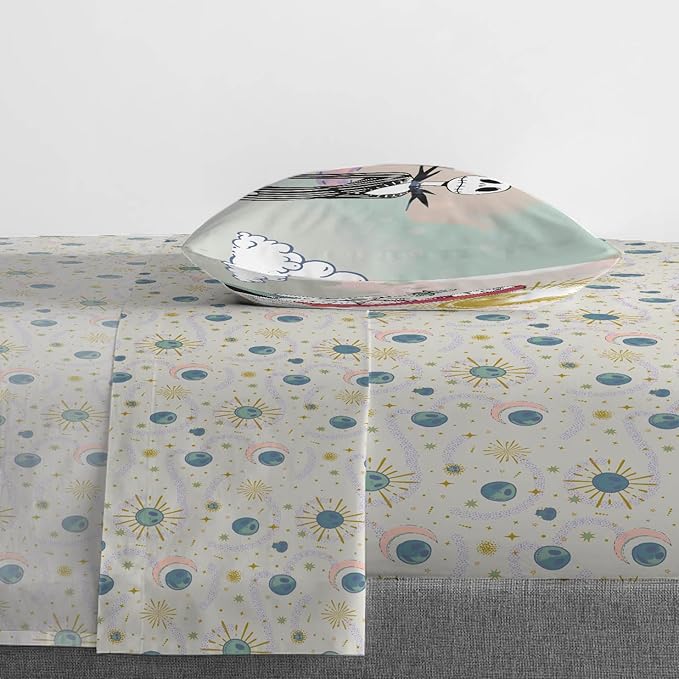 Jay Franco Sheet Set with Fitted, Flat Sheets & Pillow Cover - Ultra-Soft Bedding with Pillowcase for Room Decor, Beige - Nightmare Before Christmas, 3 Piece Twin