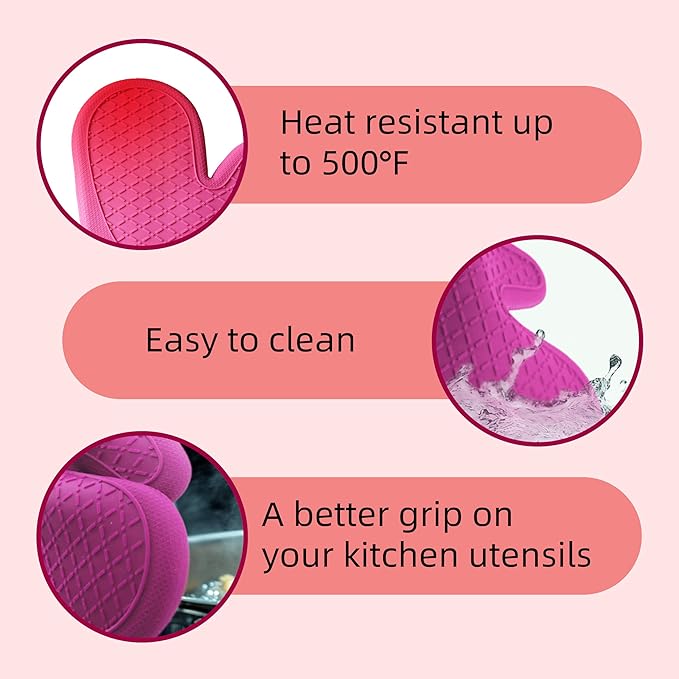 Pair of 2 Heat-Resistant Silicone Oven Mitts – Extra Long, Non-Slip Grip, Soft Cotton Lining, Perfect for Baking, Cooking & BBQ – 13” x 7” Kitchen Gloves (Pink Rose)