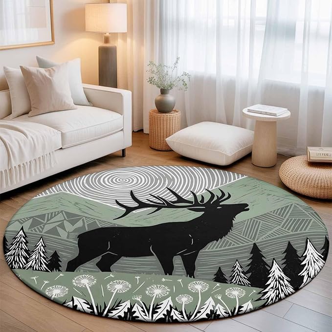 Washable Round Area Rug Black Wildlife Elk Circle Rugs Floor Carpet for Living Room Bedroom, Bohemian Green Mountain Peaks Soft Non Slip Round Rug 3ft