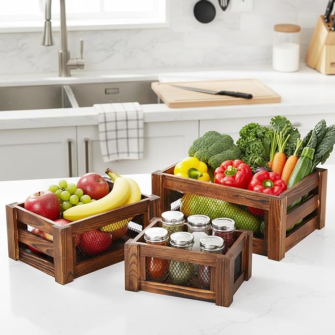 Kathfly Set of 3 Rustic Nesting Crates, Wooden Organizer Boxes Basket, Small Decorative Wood Wire Containers with Handle for Countertop Display, Fruit, Veggies, Kitchen, Bathroom, Pantry Storage