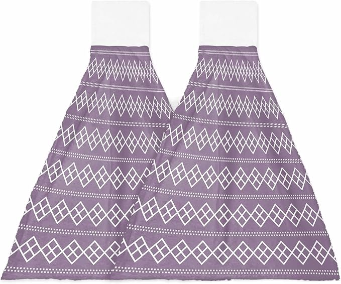 Alandar Home Kitchen Tie Towel Set of 2, Geometric White Purple Square Dot Absorbent Soft Hand Towels for Bathroom Hanging Towels, Modern Abstract Check Texture Fast Drying Cleaning Cloth with Loop