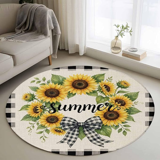Washable Round Area Rug Summer Words Farm Sunflowers Circle Rugs Floor Carpet for Living Room Bedroom, Butterflies Country Floral Soft Non Slip Round Rug 3ft