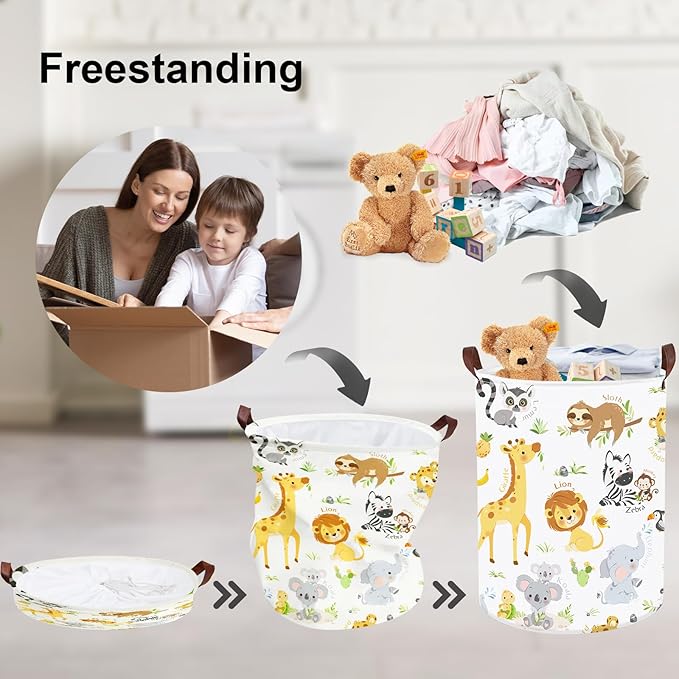 Clastyle Large Alphabet Animal Hamper for Nursery Kid Room Giraffe Lion Boy Girl Laundry Basket with Handle Elephant Collapsible Zebra Clothes Toy Storage Basket with Lid