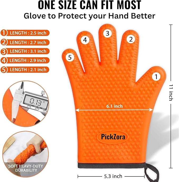 Cotton Lined Silicone Oven & BBQ Gloves, 450°F Heat Resistant Waterproof & Non-Slip Mitts for Baking, Cooking, Grill, Smoker & Fryer Use, Universal Size, 1 Pair (Orange)