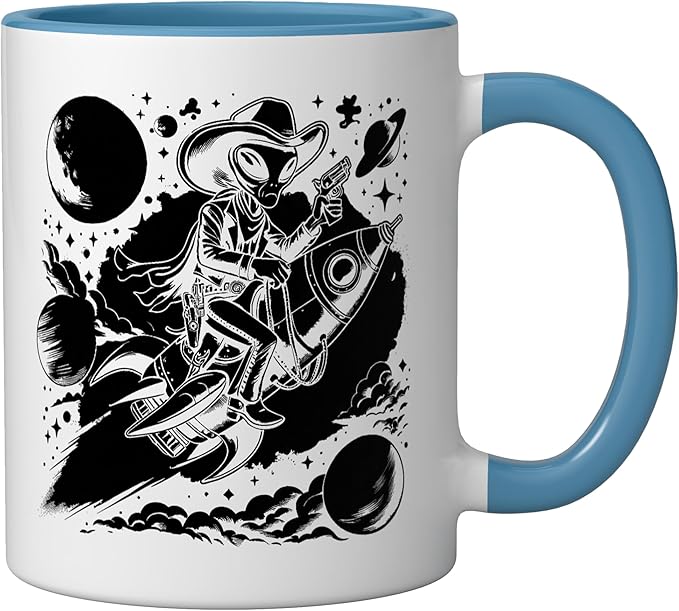 Alien Lover Flying Saucer UFO Extraterrestrial Cowboy Ceramic Mug, Blue/White