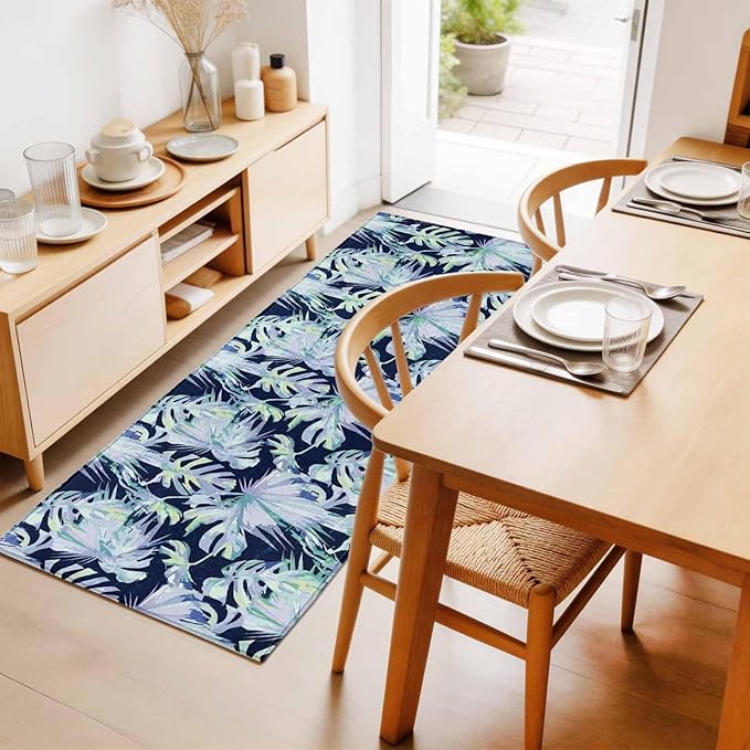 Runner Rug for Bedroom Hallway, Watercolor Blue Teal Palm Leaves Kitchen Runner Rugs Area Rug 2x6ft, Abstract Botanical Washable Soft Floor Carpet for Entryway Stair