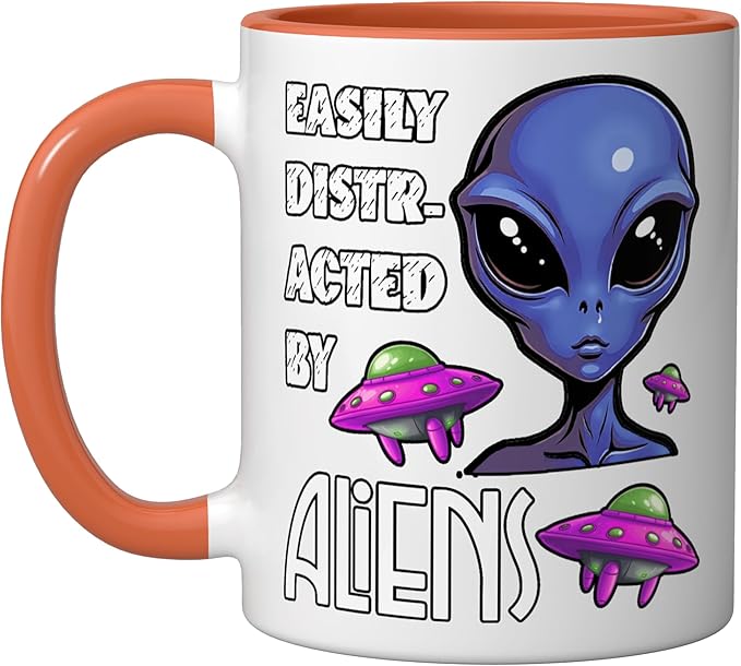 Easily Distracted By Aliens Funny Sci Fi Apparel Design Ceramic Mug, Orange/White