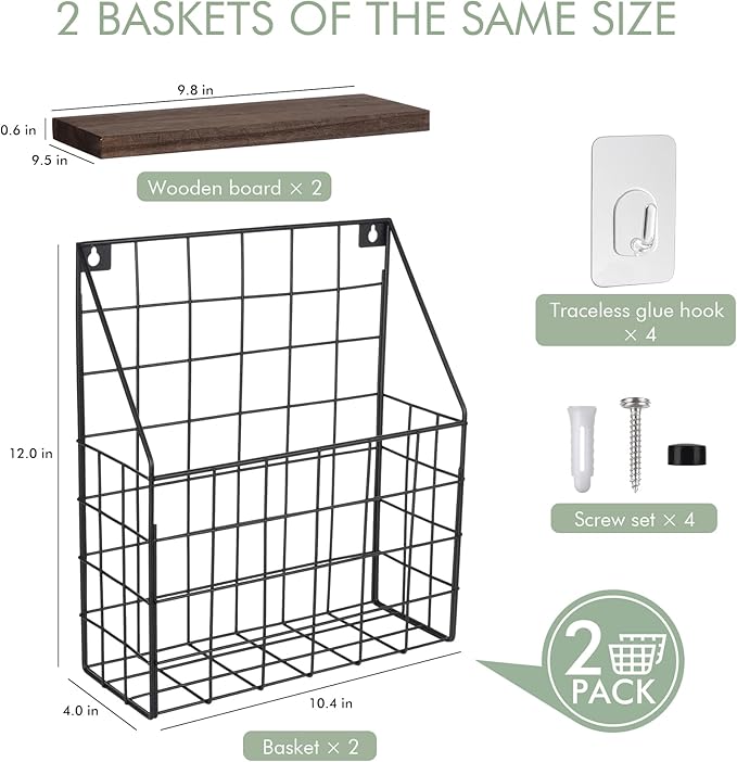 Mail Holder Magazine Basket - 2 Pack Black Wall Mount File Organizer Rack of Wooden Style with Adhesive Mounting - Metal Wire Hanging Sorter for Document Folders Newspaper Clipboard Brochure Display