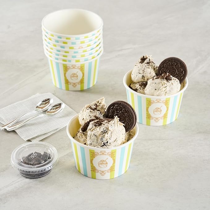 Restaurantware Ice Cream Cups 50 Pack of 8 oz Leak-Resistant Disposable Dessert Bowl Frozen Yogurt Cup Round Paper Container For Cold And Hot Desserts