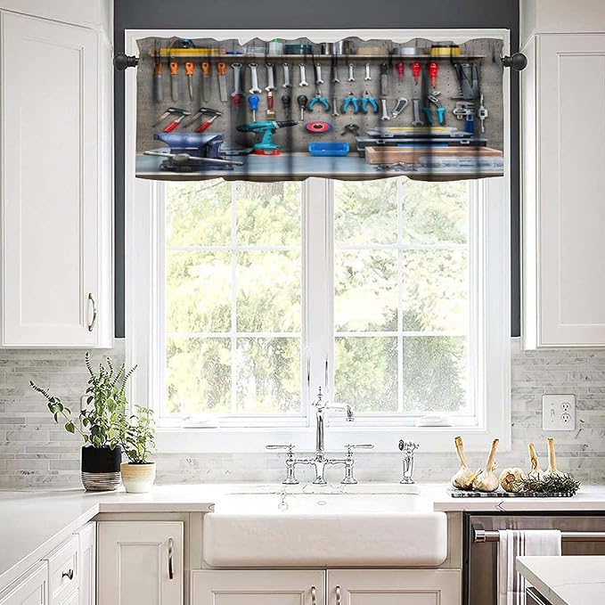 Workshop Tools Backdrop Valance Curtain Garage Mechanic Backdrop Rod Pocket Valance Window Treatments Short Curtains for Kitchen Bathroom Farmhouse Living Room Decor 54x18inch
