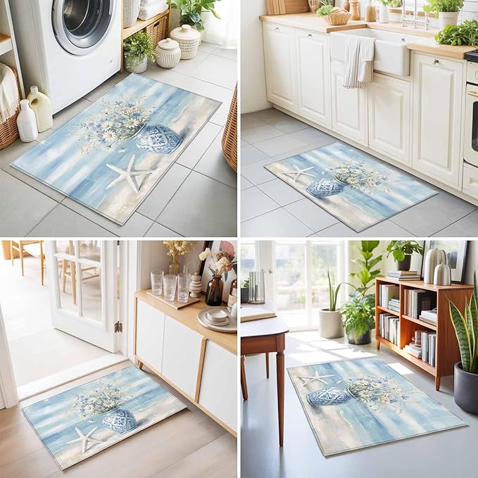 Area Rug 2x3ft, Summer Beach Starfish Flower Washable Rugs for Living Room Bedroom, Marine Theme Daisy Vase Soft Non-Slip Area Rugs Rectangle Floor Carpet for Dining Room