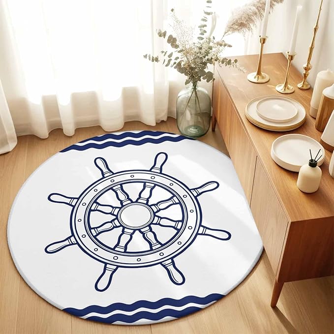 Washable Round Area Rug Summer Marine Nautical Ship Rudder Circle Rugs Floor Carpet for Living Room Bedroom, Ocean Theme Navy Blue White Soft Non Slip Round Rug 3ft