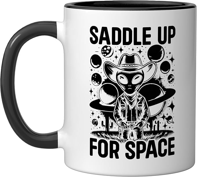 Alien Lover Flying Saucer UFO Extraterrestrial Cowboy Ceramic Mug, Black/White