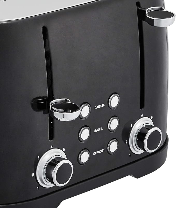 Amazon Basics 4 Slice Toaster with 4 Slots, 6 Browning Settings, Defrost, Removable Crumb Tray, Bagel Function, Cancel Button, 1600W, Black