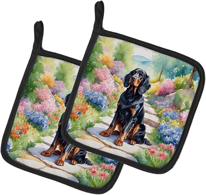 Caroline's Treasures Gordon Setter Spring Path Pair of Pot Holders Kitchen Heat Resistant Pot Holders Sets Oven Hot Pads for Cooking Baking BBQ, 7 1/2 x 7 1/2