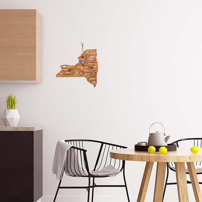 Totally Bamboo New York State Shaped Cutting Board and Charcuterie Serving Platter with Artwork by Fish Kiss, Includes Hang Tie for Wall Display