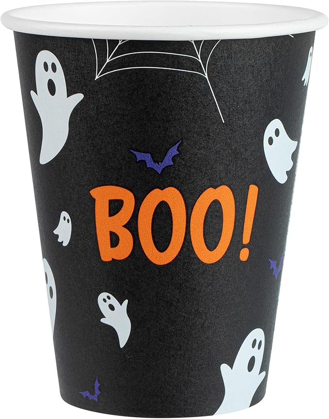 Restaurantware-Restpresso 12 Ounce Halloween Party Cups, 20 Disposable Hot Cups With Plastic Lids - Spooky Ghost Design, Rolled Rim, Black Paper Coffee Cups, Single Wall, Serve Hot And Cold Drinks