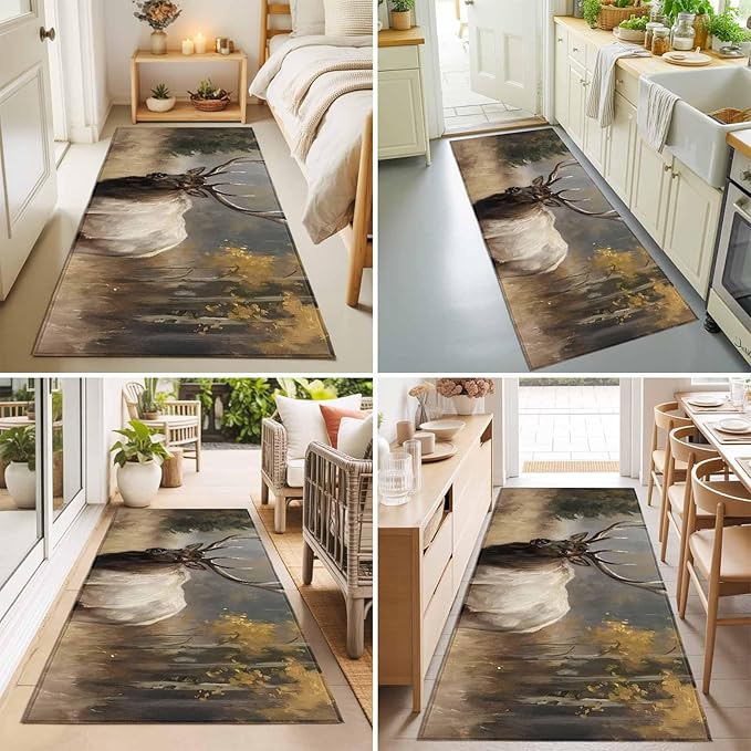 Runner Rug for Bedroom Hallway, Brown Animals Elk Kitchen Runner Rugs Area Rug 2x6ft, Retro Forest Landscape Washable Soft Floor Carpet for Entryway Stair