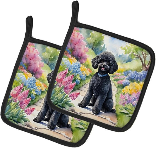 Caroline's Treasures Black Poodle Spring Path Pair of Pot Holders Kitchen Heat Resistant Pot Holders Sets Oven Hot Pads for Cooking Baking BBQ, 7 1/2 x 7 1/2