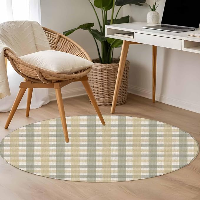 Washable Round Area Rug Farmhouse Vintage Beige Tan Buffalo Plaid Circle Rugs Floor Carpet for Living Room Bedroom, Rustic Linen Soft Non Slip Round Rug 3ft