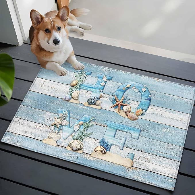 Area Rug 2x3ft, Summer Ocean Beach Shell Home Quote Washable Rugs for Living Room Bedroom, Farm Blue Wood Board Soft Non-Slip Area Rugs Rectangle Floor Carpet for Dining Room