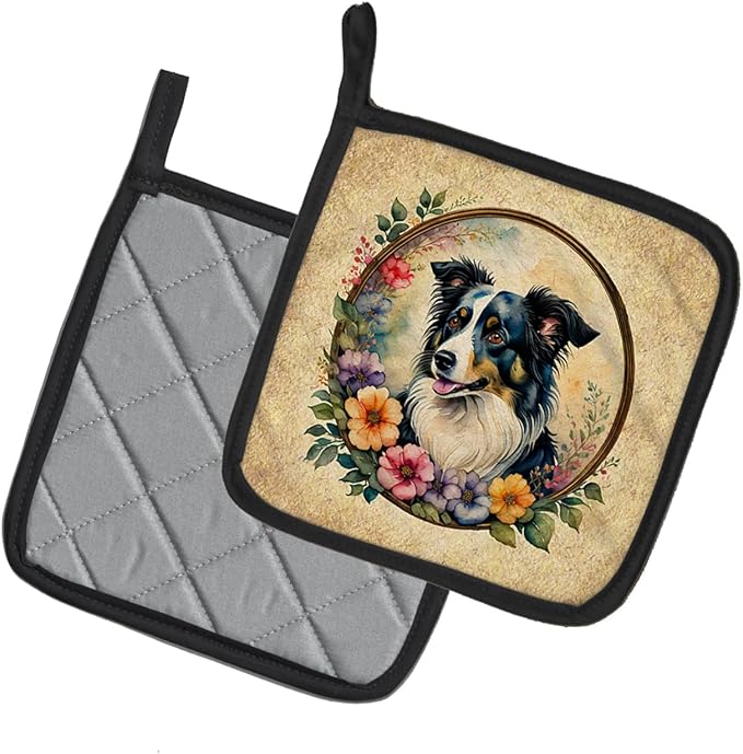 Caroline's Treasures Border Collie and Flowers Pair of Pot Holders Kitchen Heat Resistant Pot Holders Sets Oven Hot Pads for Cooking Baking BBQ, 7 1/2 x 7 1/2