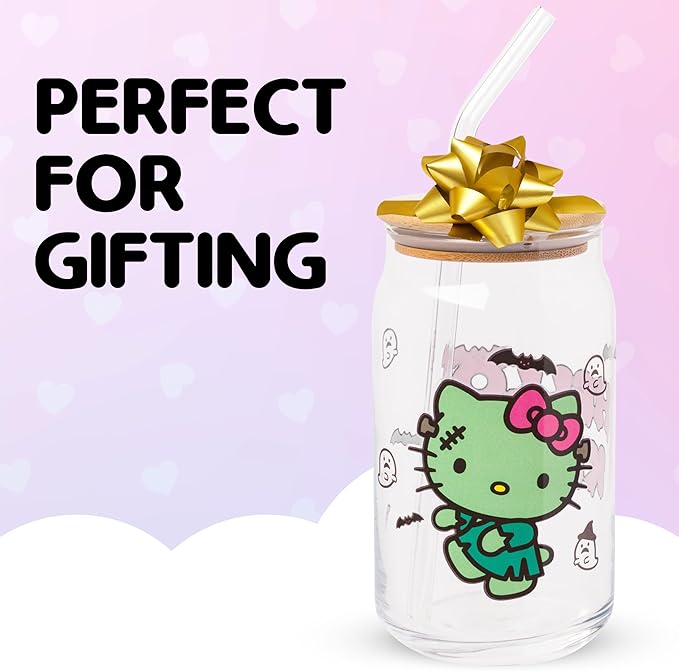 Silver Buffalo Sanrio Hello Kitty Halloween Spooky Frankenstein Glass Jar Tumbler with Bamboo Lid and Glass Straw, 16 ounces