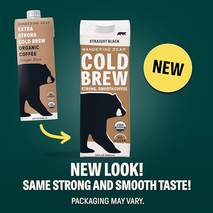 Wandering Bear Extra Strong Organic Cold Brew Coffee, Straight Black, 32 fl oz, 1 pack - Smooth, Organic, Unsweetened, Shelf-Stable, and Ready to Drink & Vegan Cold Brew.