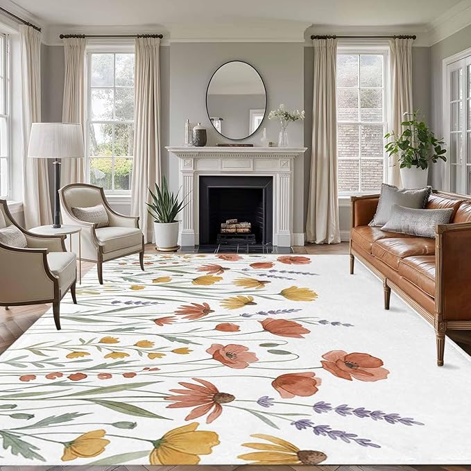 Area Rug 8x10ft, Watercolor Daisies Lavender Washable Rugs for Living Room Bedroom, Country Floral Art Soft Non-Slip Area Rugs Rectangle Floor Carpet for Dining Room