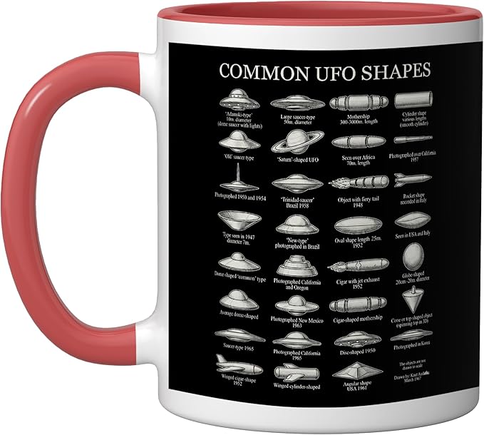 Common UFO Shapes Vintage Chart Alien Flying Saucer Ceramic Mug, Red/White