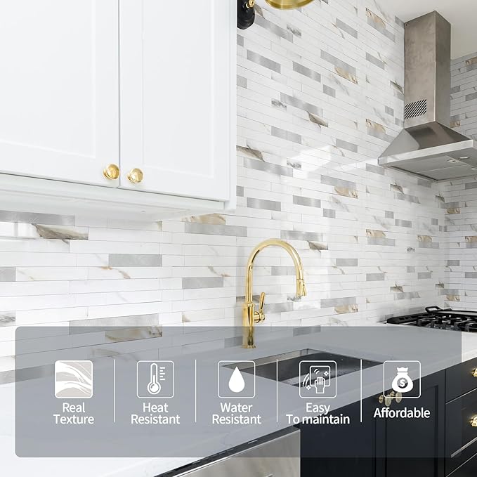 Yipscazo 20 Sheets Peel and Stick Stone Metal Tile Backsplash, Stick on Tiles for Backsplash Kitchen, Bathroom, Laundry Room, Camper, Fireplace (12'' X 12'', Polished Marble)