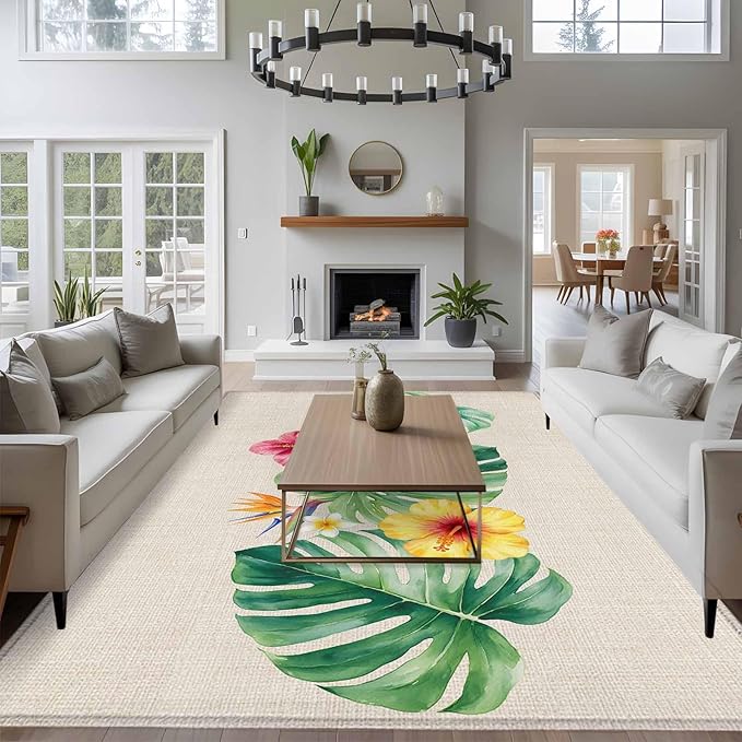 Area Rug 9x12ft, Country Monstera Hibiscus Foliage Washable Rugs for Living Room Bedroom Rectangle Floor Carpet, Tropical Plant Vintage Linen Soft Non-Slip Area Rugs for Dining Room