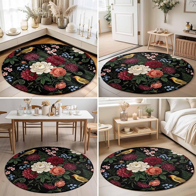 Washable Round Area Rug Pastoral Colorful Flower Leaf Circle Rugs Floor Carpet for Living Room Bedroom, Country Blossom Floral Bird Soft Non Slip Round Rug 3ft