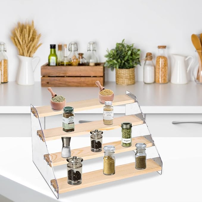 MSUIINT Spice Rack Organizer for Cabinet & Countertop - 30 cm Seasoning Organizer Spice Shelf and Kitchen Cabinet Storage - Space Saving Wooden Display Risers Holder Showcase Fixtures Jewelry (5 Tier)