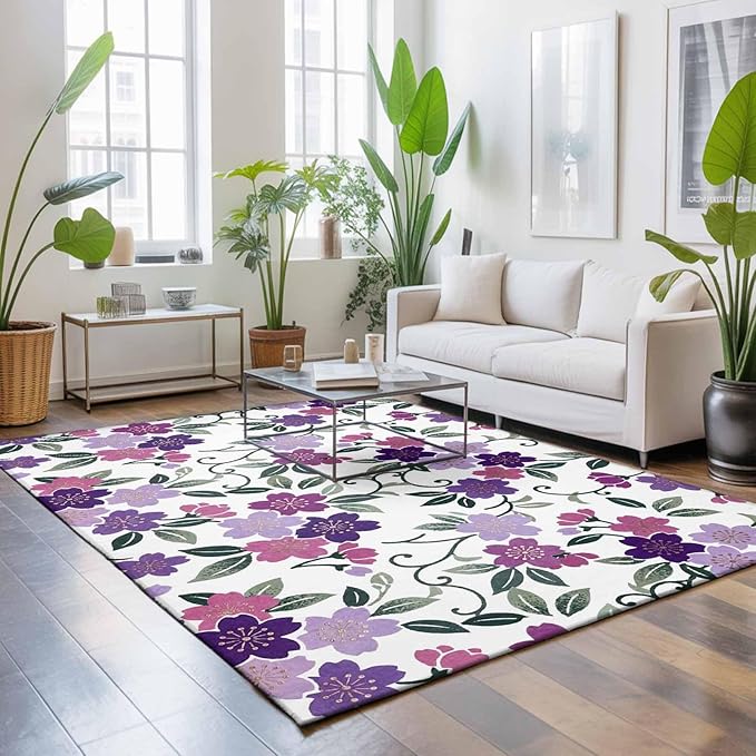 Area Rug 9x12ft, Country Purple Pink Flower Green Leaf Washable Rugs for Living Room Bedroom Rectangle Floor Carpet, Pastoral Floral Plant Soft Non-Slip Area Rugs for Dining Room