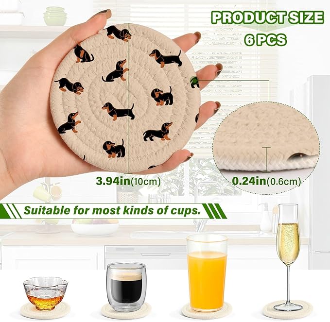 YETTASBIN Cute Dachshund Dog 6 Pcs Drink Coasters with Holder, Cotton Woven Absorbent Heat-Resistant Round Coaster Non-Slip Table Mat for Kitchen Bar Home Decor Housewarming Gift, 3.9 in